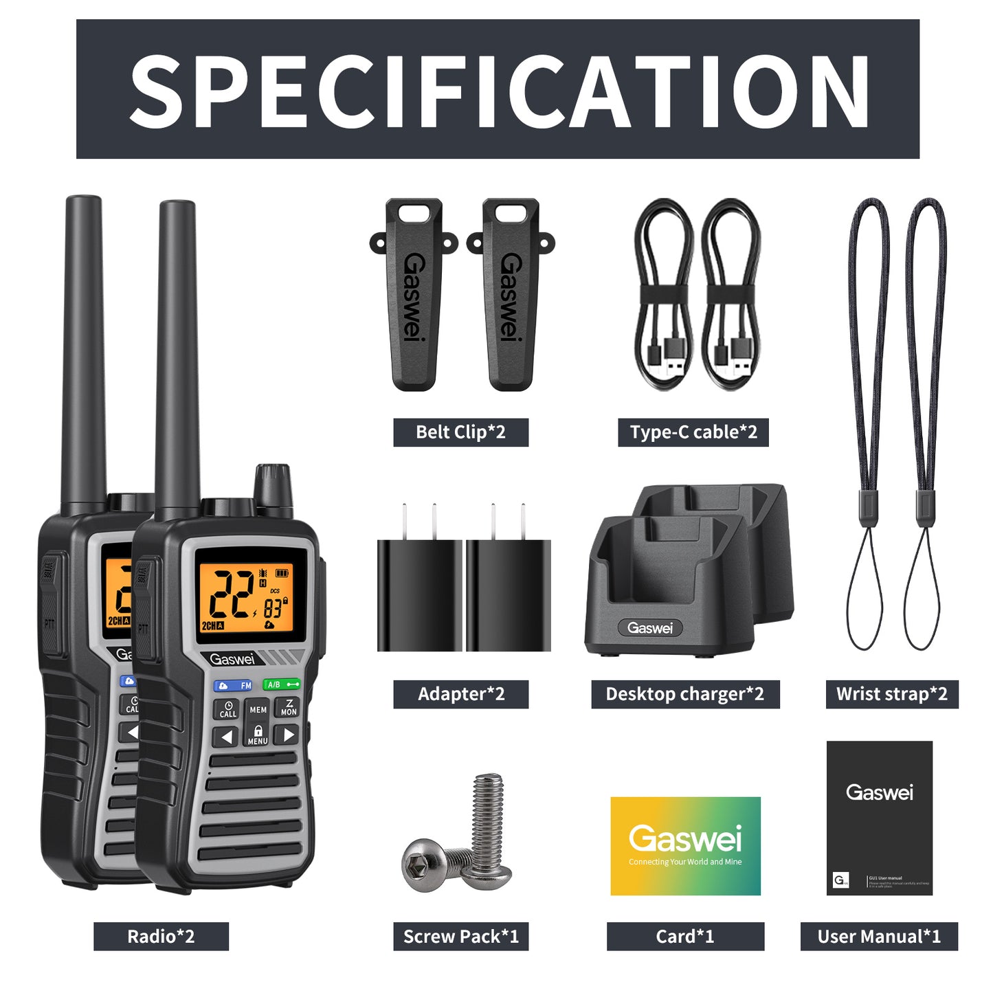 GU1- GMRS Two-Way Radio - Long Range Walkie Talkie for Adults 60 Channel with 121 Privacy Codes,Rechargeable ,SOS Siren, and NOAA Weather Alerts ,FM Radio,VOX (2 Pack)