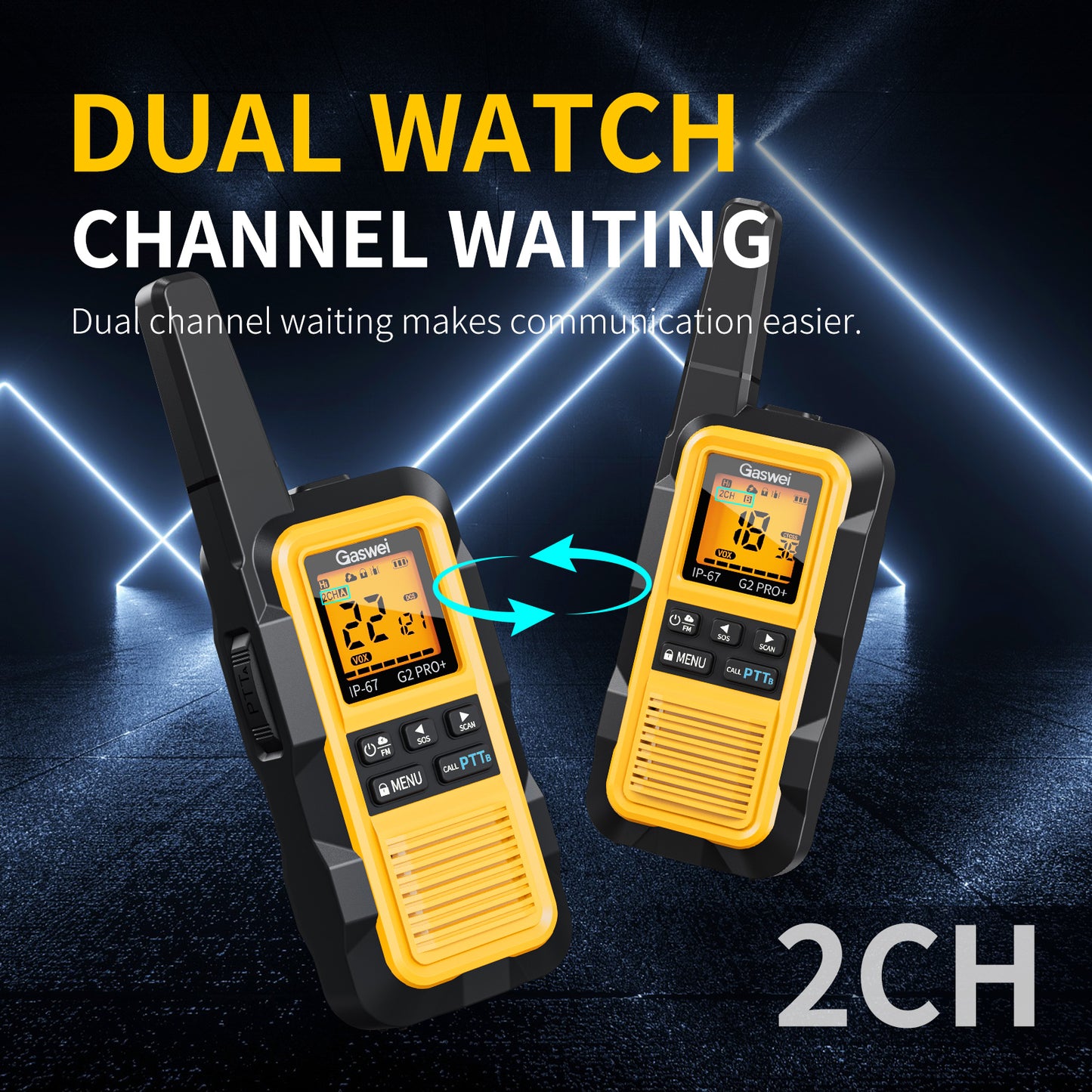 G2pro+ Hochleistungs-Walkie-Talkies mit großer Reichweite für Erwachsene, wiederaufladbare 2-Watt-Funkgeräte, Lithium-Ionen-Akku, wasserdicht nach IP67, FM, NOAA-Wetter, VOX, Doppel-PTT (4er-Pack)