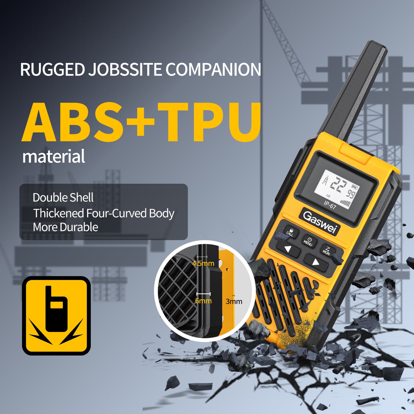 Gaswei G1pro Heavy Duty Walkie Talkies for Adults, Rechargeable Two Way Radios Long Range, 2 Way Emergency Radio, IP67 Waterproof, Shock Resistant,VOX,Rechargeable, Portable, FRS, Durable, (2 Pack)