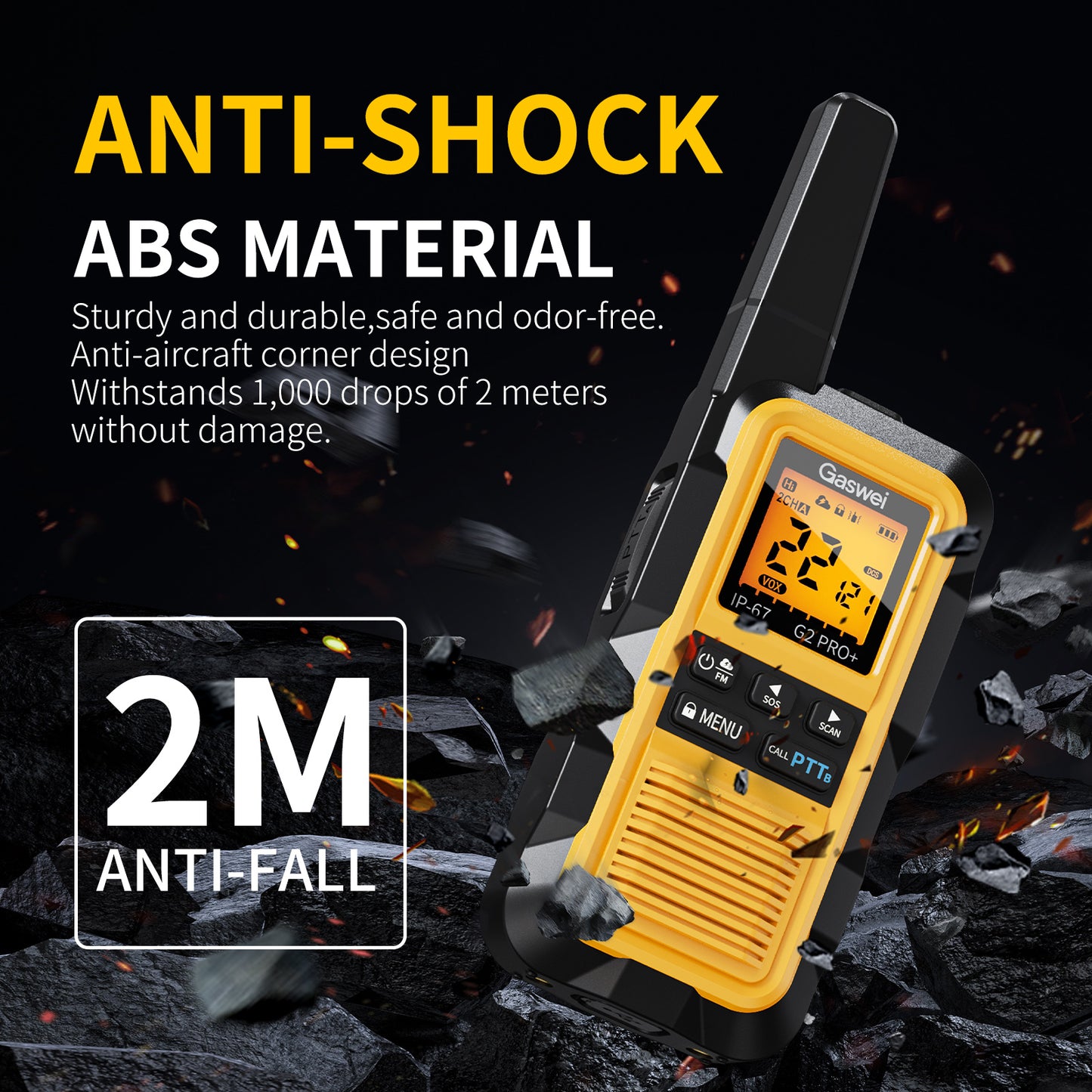 G2pro+ Hochleistungs-Walkie-Talkies mit großer Reichweite für Erwachsene, wiederaufladbare 2-Watt-Funkgeräte, Lithium-Ionen-Akku, wasserdicht nach IP67, FM, NOAA-Wetter, VOX, Doppel-PTT (4er-Pack)