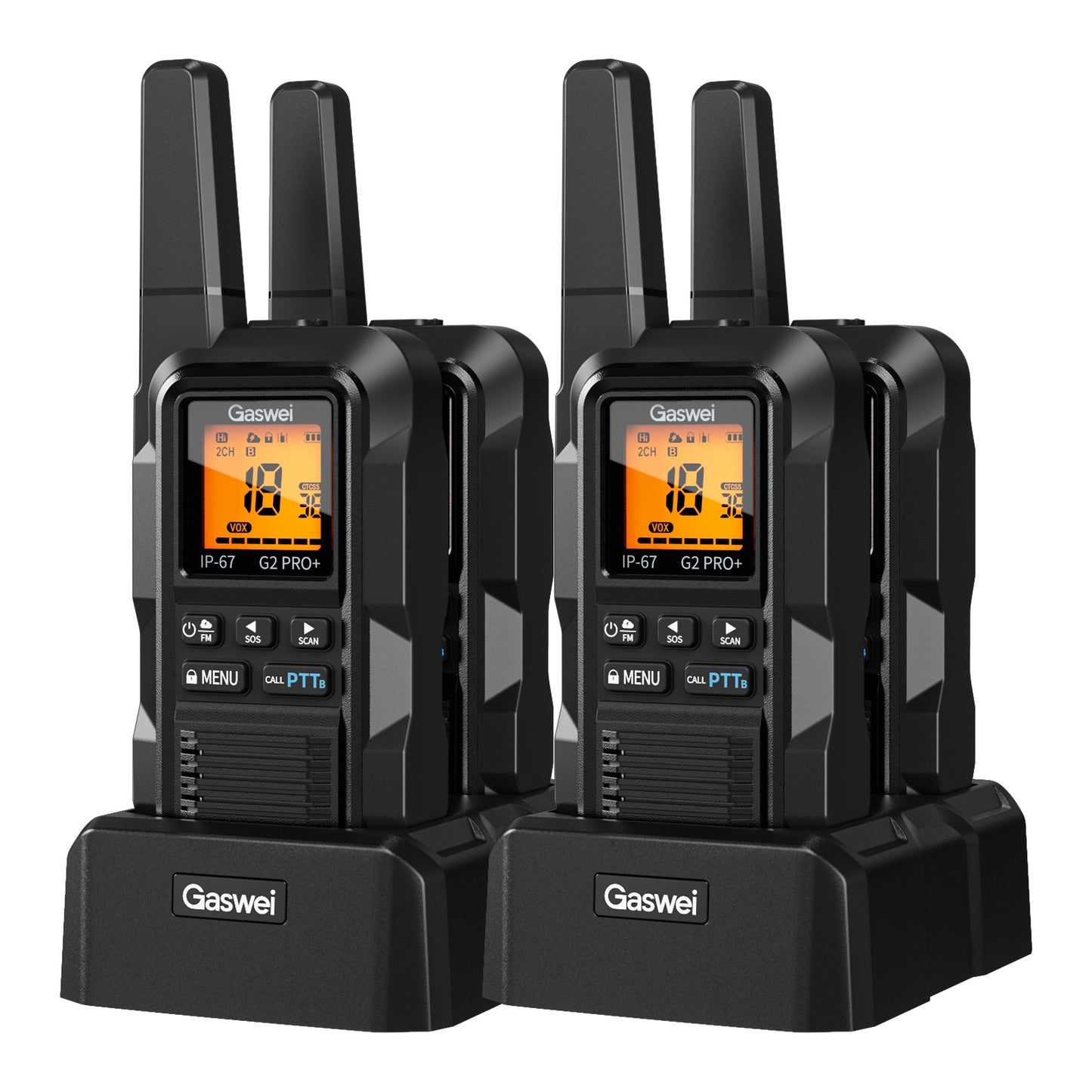 G2pro+ Heavy Duty Long Range Walkie Talkies for Adults,Rechargeable 2 watts Two Way Radios,Li-ion Battery, IP67 Waterproof,FM,NOAA Weather,VOX ,Double PTT,(4 Pack)(black)