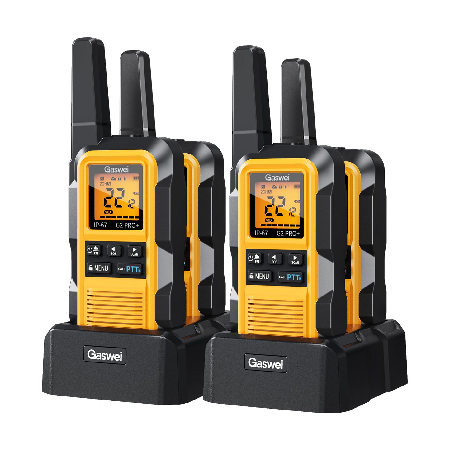 G2pro+ Hochleistungs-Walkie-Talkies mit großer Reichweite für Erwachsene, wiederaufladbare 2-Watt-Funkgeräte, Lithium-Ionen-Akku, wasserdicht nach IP67, FM, NOAA-Wetter, VOX, Doppel-PTT (4er-Pack)