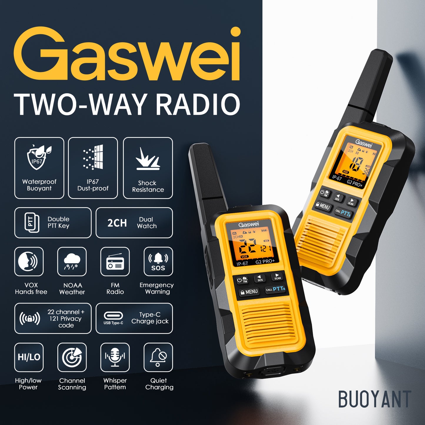 G2pro+ Hochleistungs-Walkie-Talkies mit großer Reichweite für Erwachsene, wiederaufladbare 2-Watt-Funkgeräte, Lithium-Ionen-Akku, wasserdicht nach IP67, FM, NOAA-Wetter, VOX, Doppel-PTT (4er-Pack)
