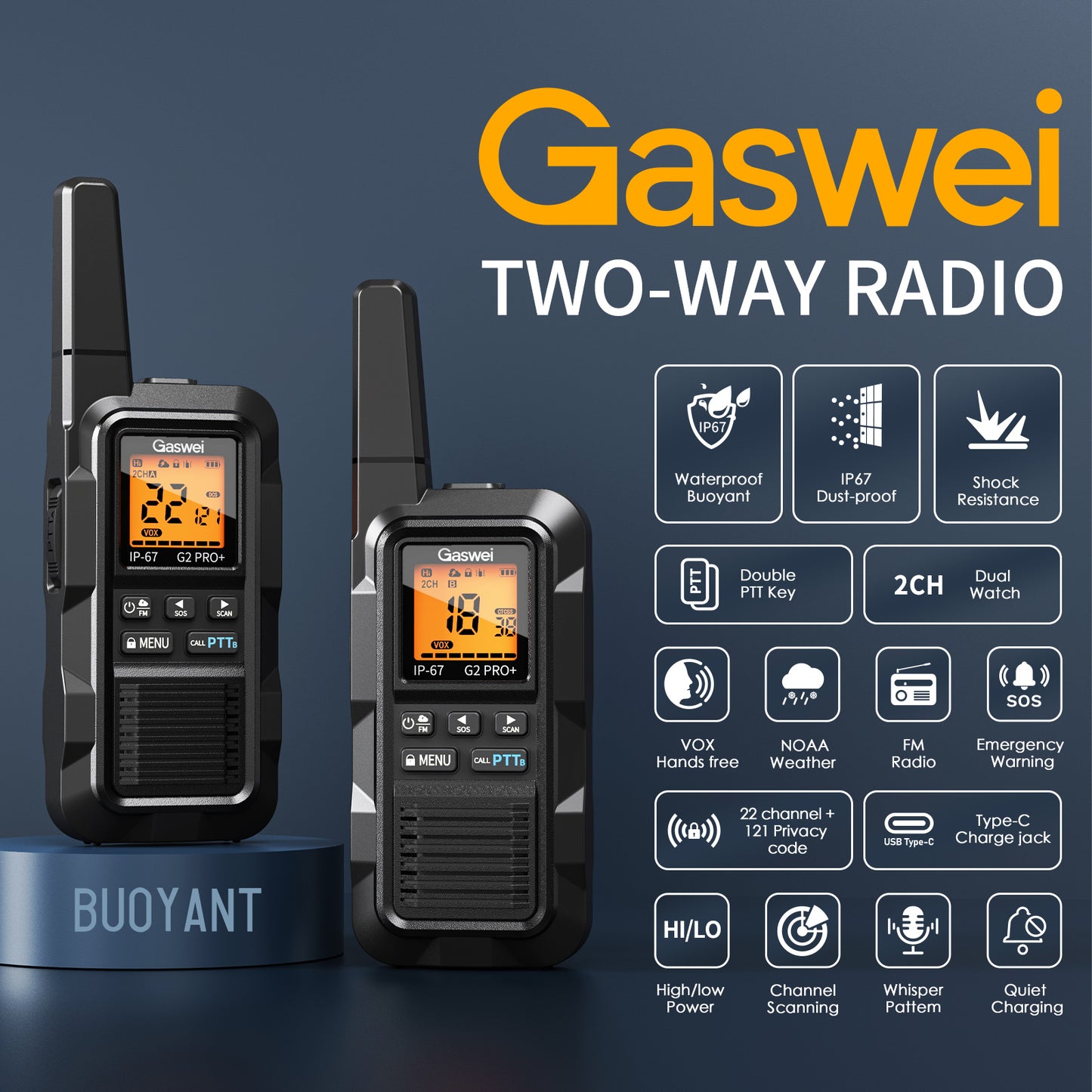 G2pro+ Heavy Duty Long Range Walkie Talkies for Adults,Rechargeable 2 watts Two Way Radios,Li-ion Battery, IP67 Waterproof,FM,NOAA Weather,VOX ,Double PTT,(6 Pack)(black)