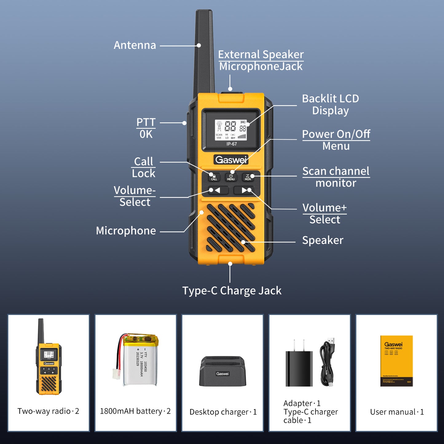 Gaswei G1pro Heavy Duty Walkie Talkies for Adults, Rechargeable Two Way Radios Long Range, 2 Way Emergency Radio, IP67 Waterproof, Shock Resistant,VOX,Rechargeable, Portable, FRS, Durable, (2 Pack)