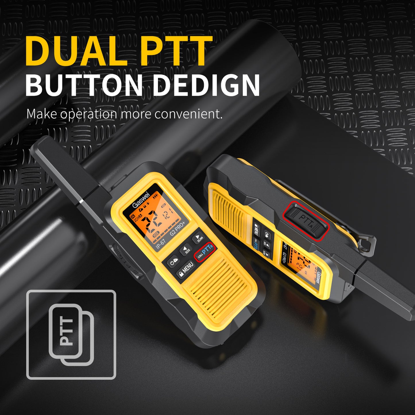 G2pro+ Hochleistungs-Walkie-Talkies mit großer Reichweite für Erwachsene, wiederaufladbare 2-Watt-Funkgeräte, Lithium-Ionen-Akku, wasserdicht nach IP67, FM, NOAA-Wetter, VOX, Doppel-PTT (4er-Pack)