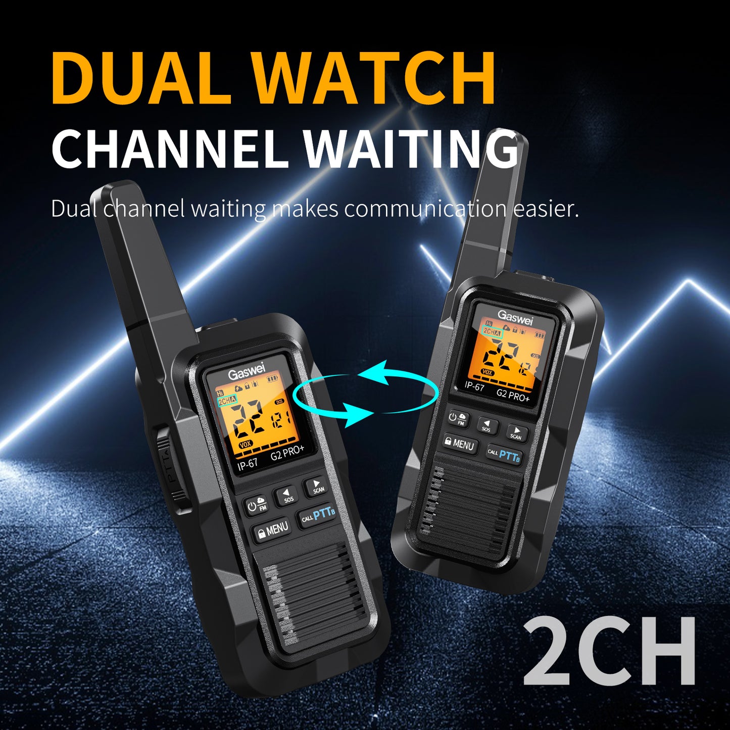 G2pro+ Heavy Duty Long Range Walkie Talkies for Adults,Rechargeable 2 watts Two Way Radios,Li-ion Battery, IP67 Waterproof,FM,NOAA Weather,VOX ,Double PTT,(6 Pack)(black)