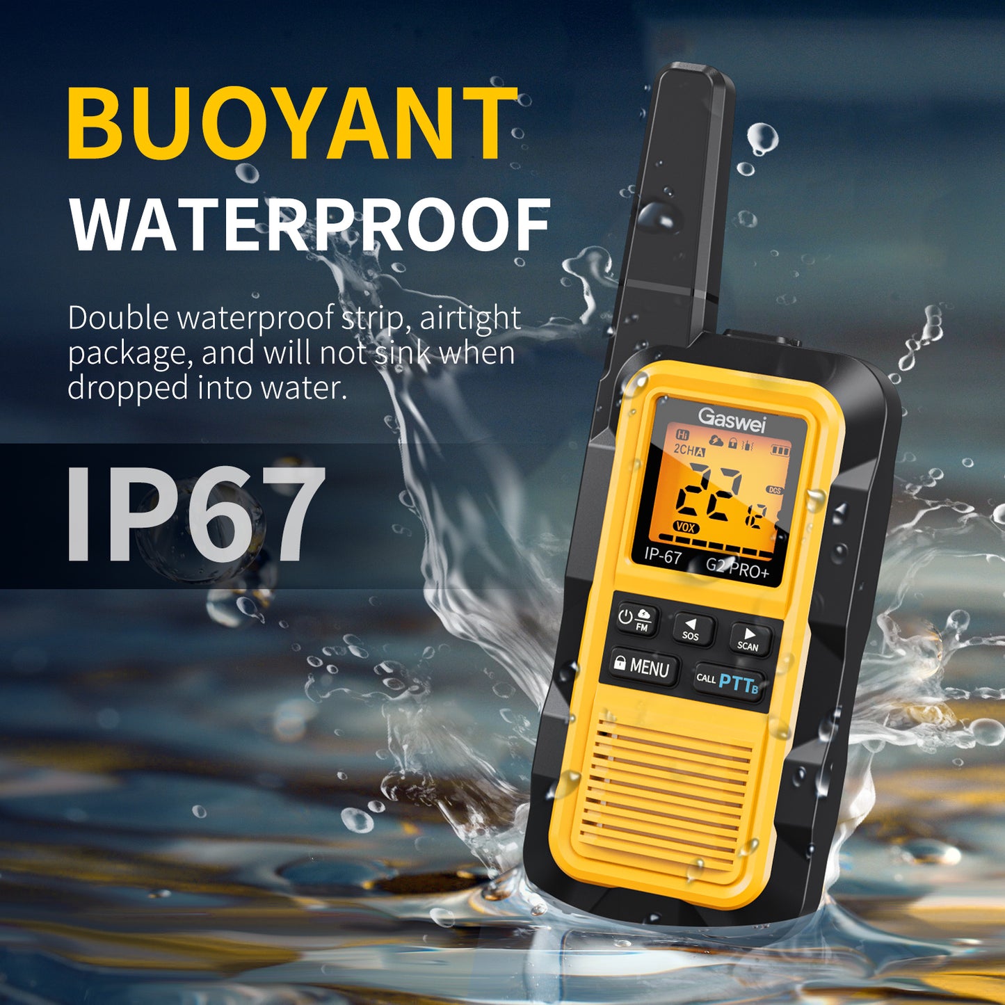 G2pro+ Hochleistungs-Walkie-Talkies mit großer Reichweite für Erwachsene, wiederaufladbare 2-Watt-Funkgeräte, Lithium-Ionen-Akku, wasserdicht nach IP67, FM, NOAA-Wetter, VOX, Doppel-PTT (4er-Pack)