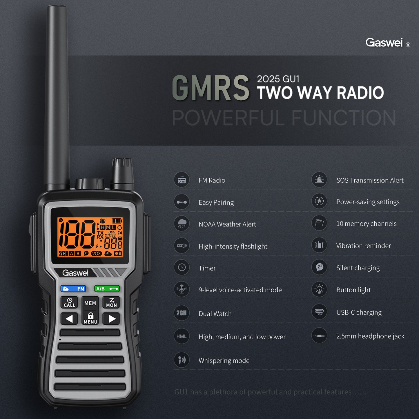 GU1- GMRS Two-Way Radio - Long Range Walkie Talkie for Adults 60 Channel with 121 Privacy Codes,Rechargeable ,SOS Siren, and NOAA Weather Alerts ,FM Radio,VOX (2 Pack)