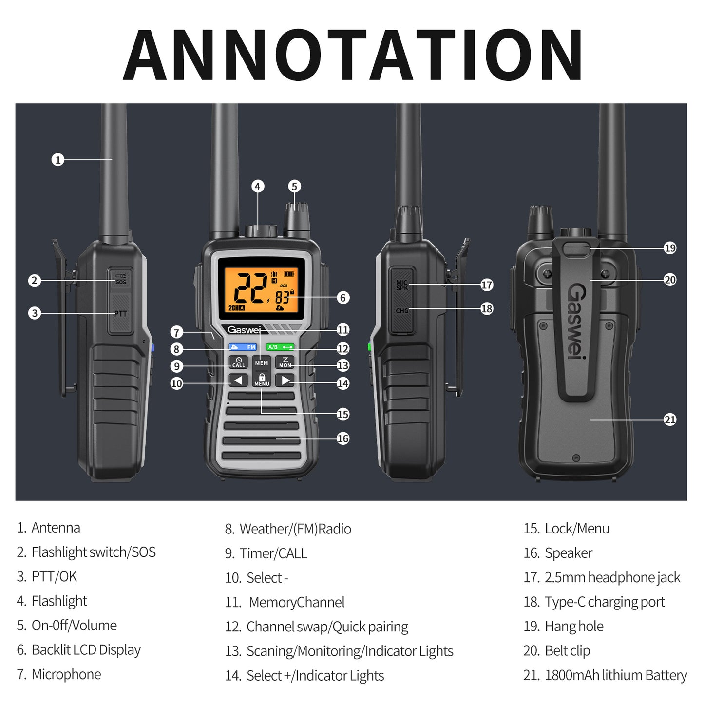 GU1- GMRS Two-Way Radio - Long Range Walkie Talkie for Adults 60 Channel with 121 Privacy Codes,Rechargeable ，SOS Siren, and NOAA Weather Alerts ，FM Radio，VOX (2 Pack)